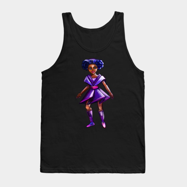 Anime girl with two puffs. Back lit. Black afro anime girl in purple from outer space ! beautiful  black girl with Braided hair, blue eyes, Cherry pink lips and dark brown skin. Hair love ! Tank Top by Artonmytee